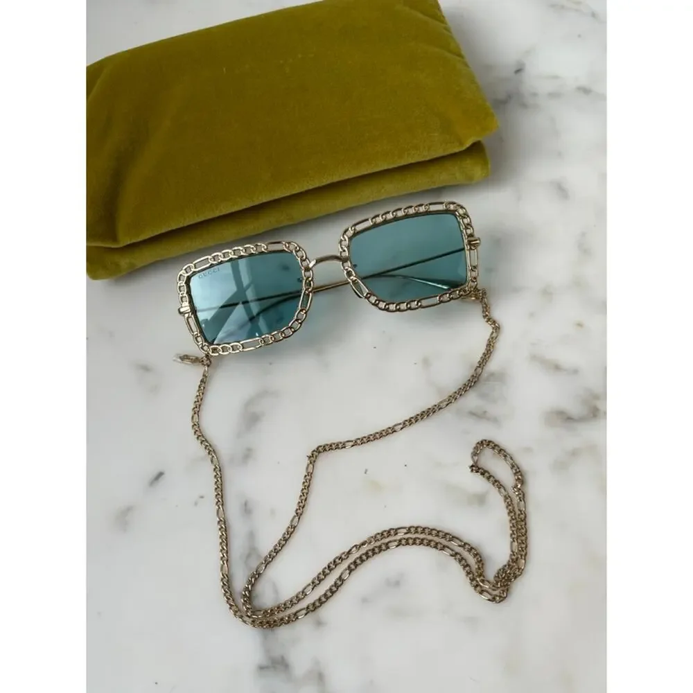 NEW Gucci GG1112S Gold Blue Lens Chain Sunglasses
